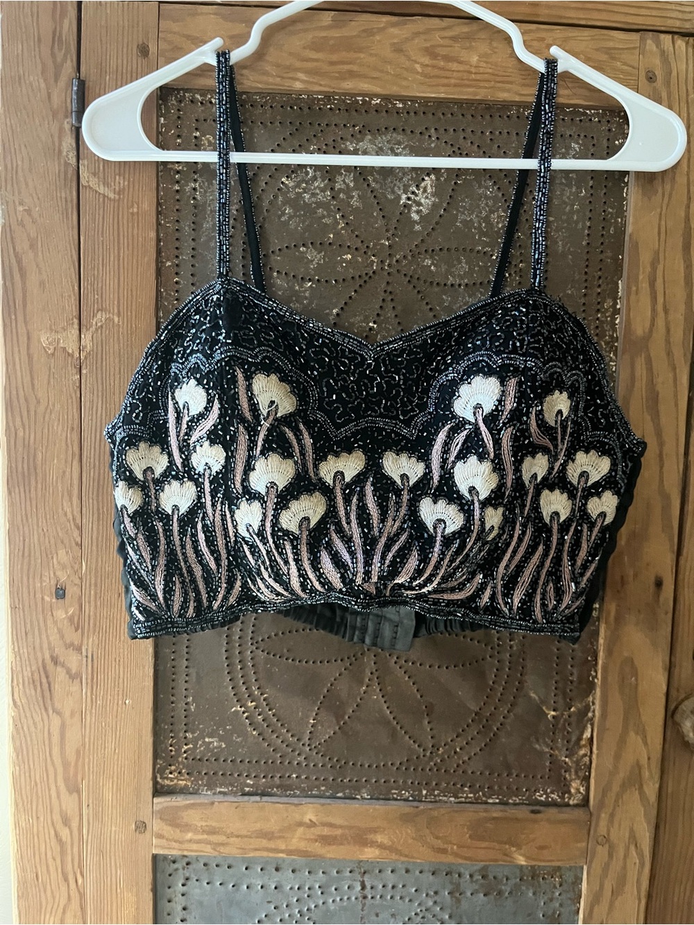 Beaded Floral Crop Top - Black with Cream & Blush Embroidery